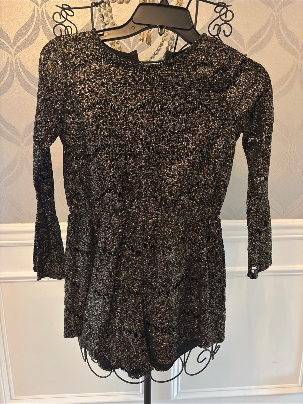 love, Fire Metallic Black Lace Romper